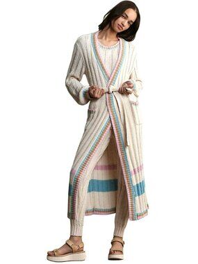 L*Space M/L Ivory Knit Cardigan With Pastel Stripes & Belted Waist New